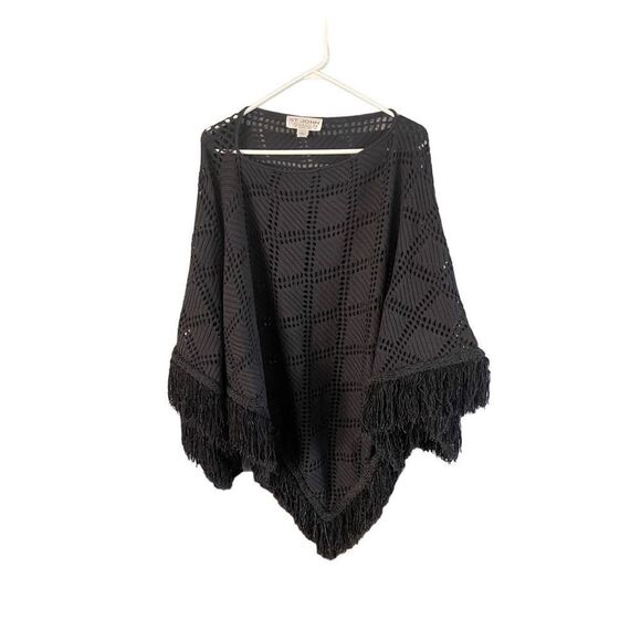 St. John Collection Women Black Ladder Lace Cut-Out Fringe Poncho Sweater Large - Picture 7 of 14